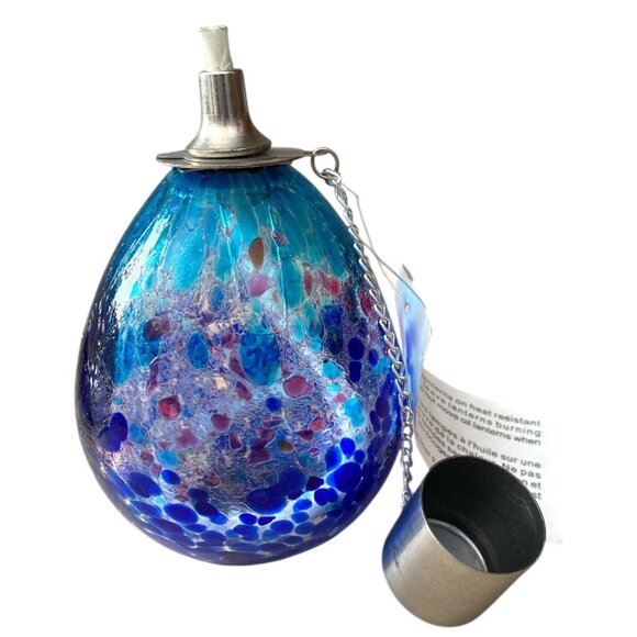 Hand Blown Art Glass Oil Lamp Blue & Purple Swirl with Silver Cap - Picture 5 of 9